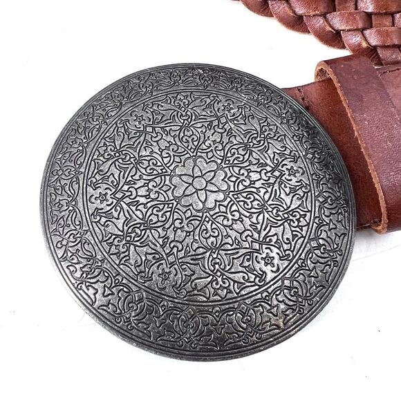 American Eagle Brown Leather Woven Braided Boho 2" Wide Hook Belt Womens Small - Picture 3 of 6